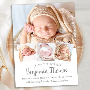 Elegante baby aangepaste 4 foto geboorteaankondigi briefkaart