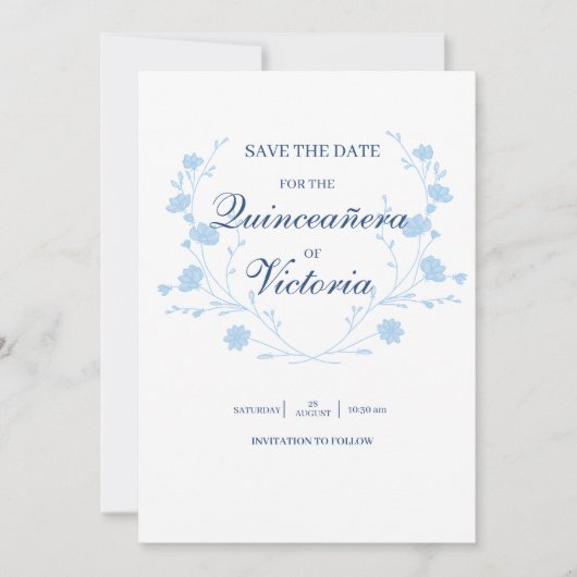 Elegante Baby Blauw Bloemen Quinceanera Save The Date (Voorkant)