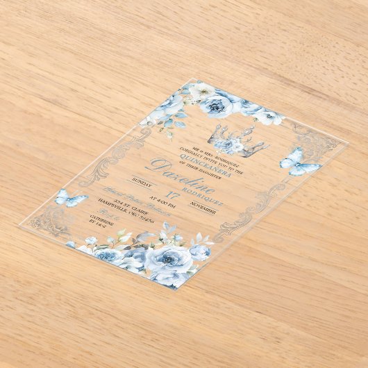 Elegante Baby Blauwe Kroon Quinceanera Acryl Uitnodigingen (Laagn)