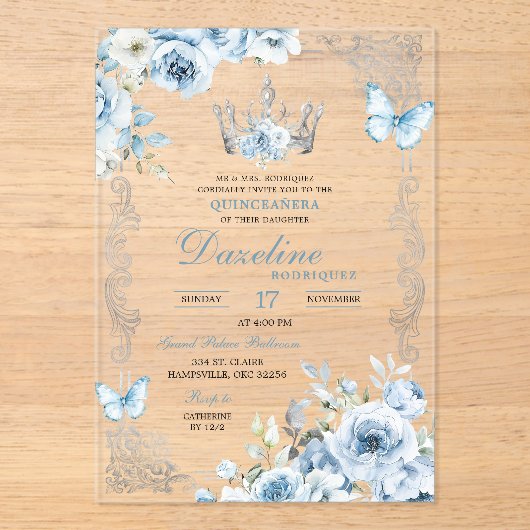 Elegante Baby Blauwe Kroon Quinceanera Acryl Uitnodigingen (Voorkant)
