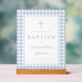 Elegante baby blue gingham jongens doop welkom acryl bord
