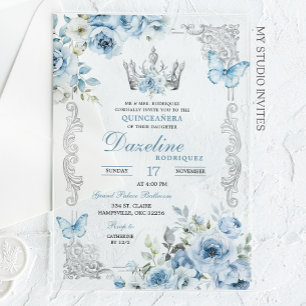 Elegante baby blue kroon Quinceanera Acryl Uitnodigingen