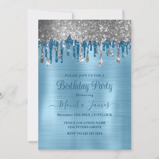 Elegante Baby Blue Sparkle Glitter Drips Verjaarda Kaart (Voorkant)