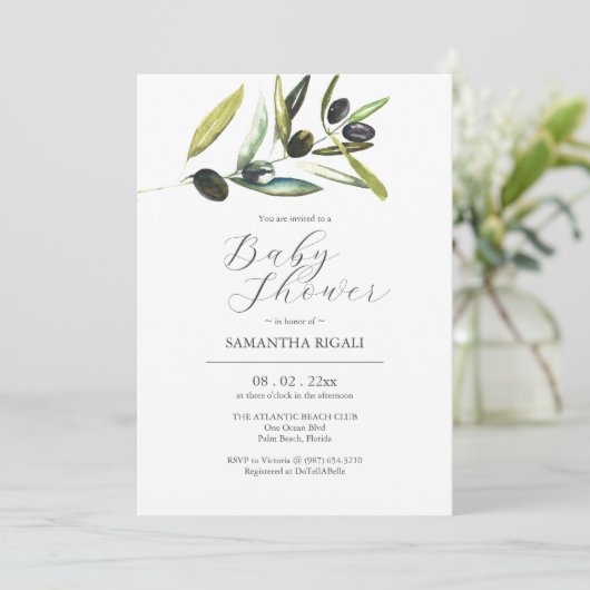 Elegante Baby Douche Uitnodigingen Waterverf Olive (Staand voorkant)