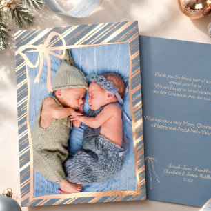 Elegante baby eerste kerst strepen & strik goud folie feestdagenkaart