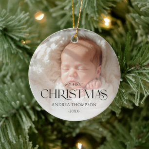 Elegante Baby Eerste Kerstmis Dubbele Foto Keramisch Ornament