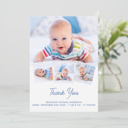 Elegante Baby gepersonaliseerde 4 fotocollage pasg Bedankkaart (Staand voorkant)