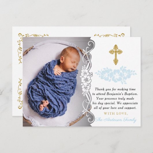 Elegante Baby Jongen Doop Dank u Briefkaart (Voorkant / Achterkant)