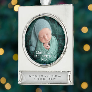 Elegante Baby Jongen Geboorte Stats Eerste Kerstmi Verzilverd Banner Ornament