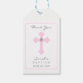 Elegante Baby Roze Kruis Doop/Doopmeisje Cadeaulabel (Voorkant)