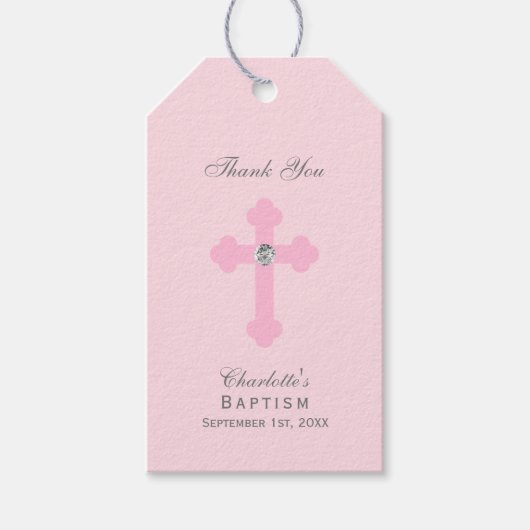 Elegante Baby Roze Kruis Doop/Doopmeisje Cadeaulabel (Voorkant)