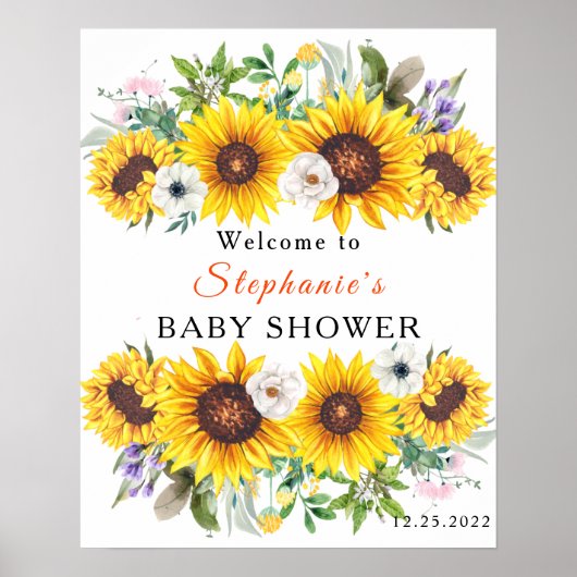 Elegante baby shower gele zonnebloem bloem poster (Voorkant)