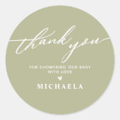 Elegante baby shower handgeschreven script bedankj ronde sticker (Voorkant)