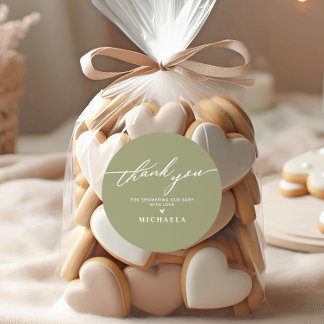 Elegante baby shower handgeschreven script bedankj ronde sticker