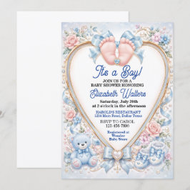 Elegante Baby Shower met Pastelblauwe Strik voor J Kaart
