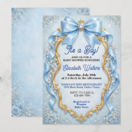 Elegante Baby Shower met Pastelblauwe Strik voor J Kaart