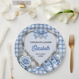 Elegante baby shower met pastelblauwe strik voor j papieren bordje
