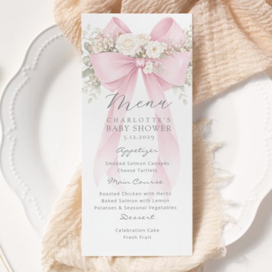 Elegante baby shower met roze strik menu
