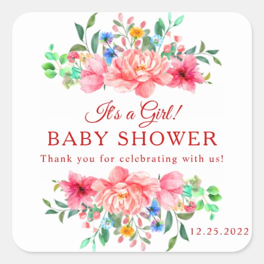 Elegante Baby Shower Roze Roos Bloem Vierkante Sticker (Voorkant)