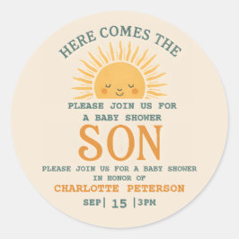 Elegante baby shower uitnodiging met familienaam  ronde sticker