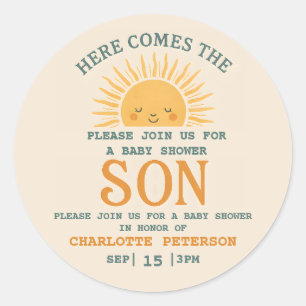 Elegante baby shower uitnodiging met familienaam  ronde sticker