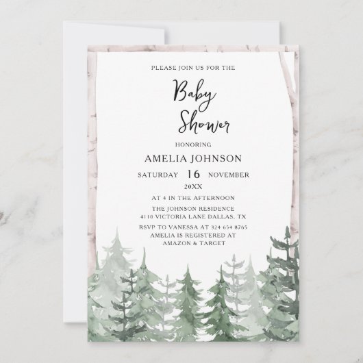 Elegante baby shower waterverf dennenboom winter kaart (Voorkant)