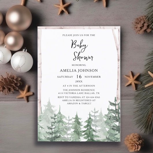 Elegante baby shower waterverf dennenboom winter kaart