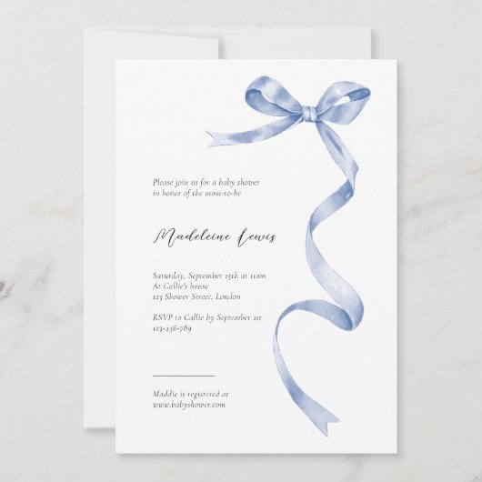 Elegante baby showers uitnodiging met blauw lint (Voorkant)