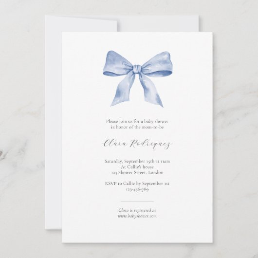 Elegante baby showers uitnodiging met blauw lint (Voorkant)