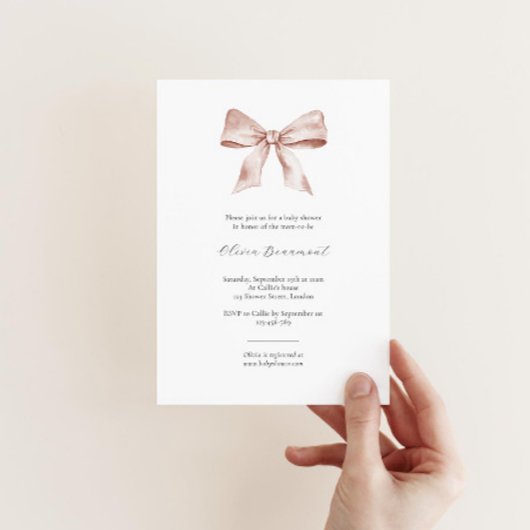 Elegante baby showers uitnodiging met roze lint