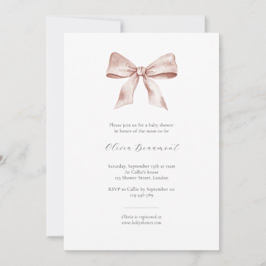 Elegante baby showers uitnodiging met roze lint (Voorkant)