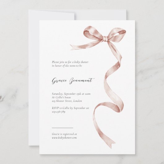 Elegante baby showers uitnodiging met roze lint (Voorkant)
