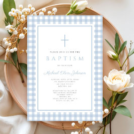 Elegante babyblauwe geruite jongensdoop kaart