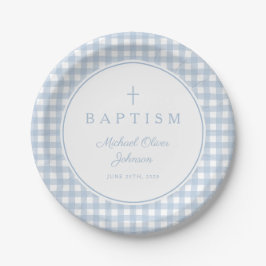 Elegante babyblauwe geruite jongensdoop papieren bordje
