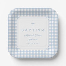 Elegante babyblauwe geruite jongensdoop papieren bordje