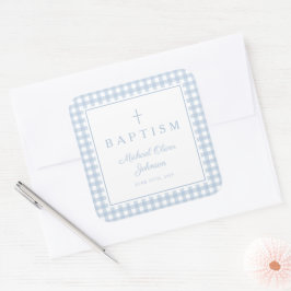 Elegante babyblauwe geruite jongensdoop vierkante sticker