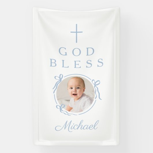 Elegante babyblauwe jongen God zegene foto Spandoek (Verticaal)