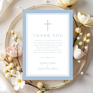 Elegante babyblauwe religieuze kruisdoop bedankkaart