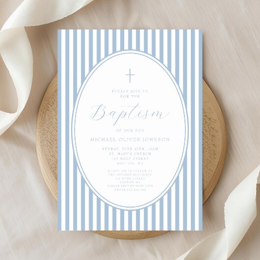 Elegante babyblauwe script jongensdoop uitnodiging