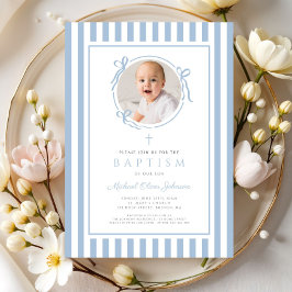 Elegante babyblauwe strik foto jongen doop kaart