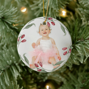 Elegante babyfoto eerste kerst krans keramisch ornament