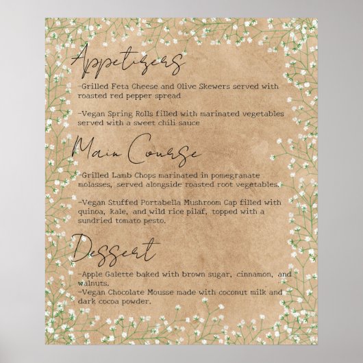 Elegante baby's adem bloem boho bruiloftsmenu poster (Voorkant)
