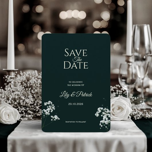 Elegante baby's breath in smaragdgroen save the date