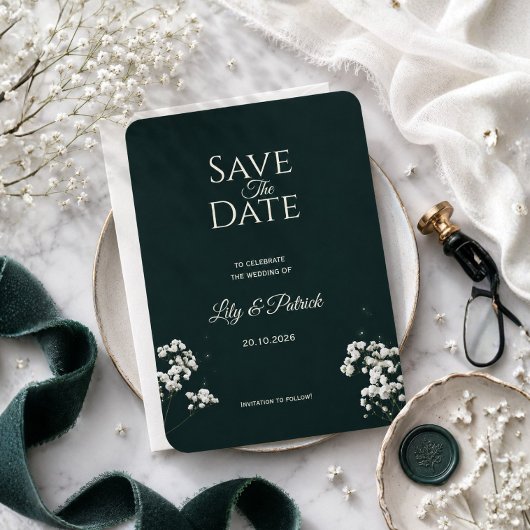 Elegante baby's breath in smaragdgroen save the date
