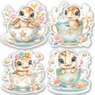 Elegante babyschildpad in theekopje -  Bloemontwer Sticker