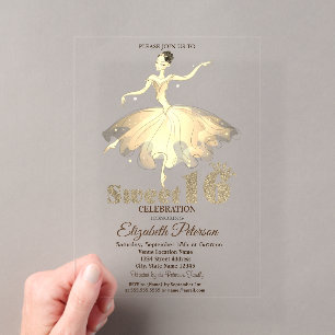 Elegante Ballerina Gouden Glitter Bokeh Sweet 16 Acryl Uitnodigingen
