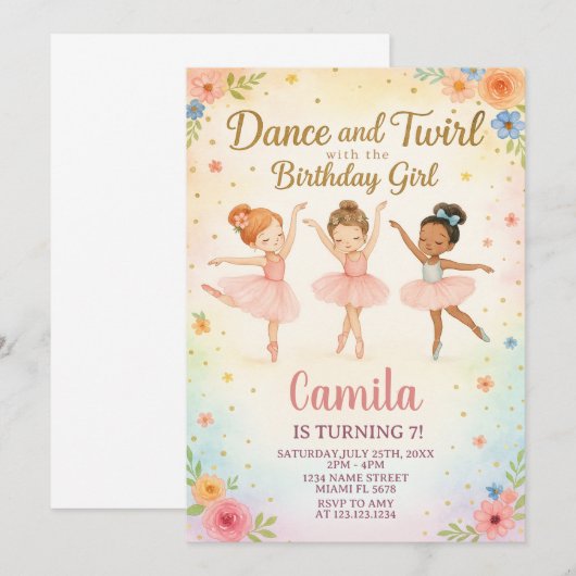 Elegante Ballerina verjaardagsuitnodiging Kaart (Voorkant / Achterkant)