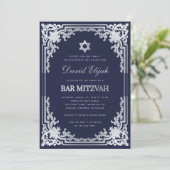 Elegante bar Mitzvah Navy Blue Silver Grey Kaart (Staand voorkant)