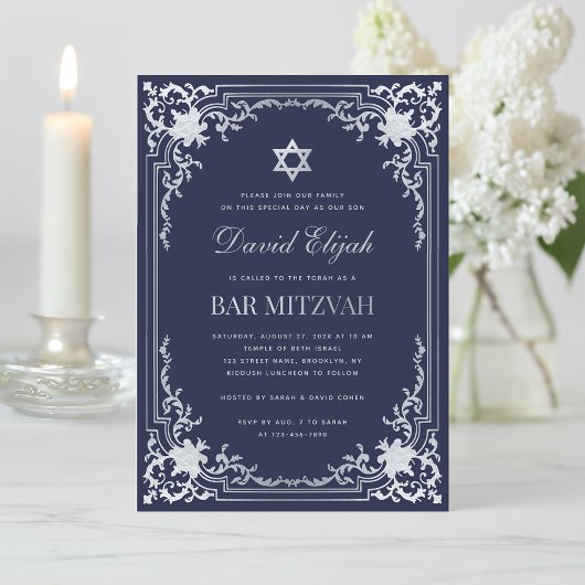 Elegante bar Mitzvah Navy Blue Silver Grey Kaart