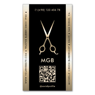 Elegante Barber Barbershop Zwart Gouden Schaar Magnetisch Visitekaartje